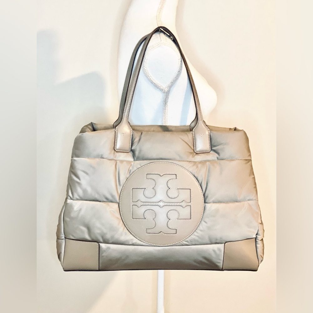 Tory Burch Ella Puffer Tote Signature Nylon Purse Griege Taupe Neutral